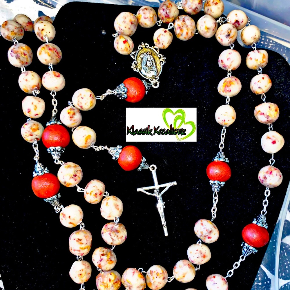 Hand made clay rosary with dried roses